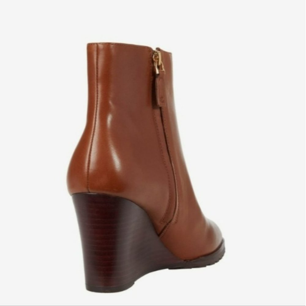 LAUREN Ralph Lauren Shaley Calfskin Wedge Bootie Deep Saddle Tan -7.5 - Picture 6 of 10